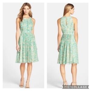 Adrianna Papell Dress 10 Floral Leaf Chiffon Pleated Fit & Flare Midi Feminine
